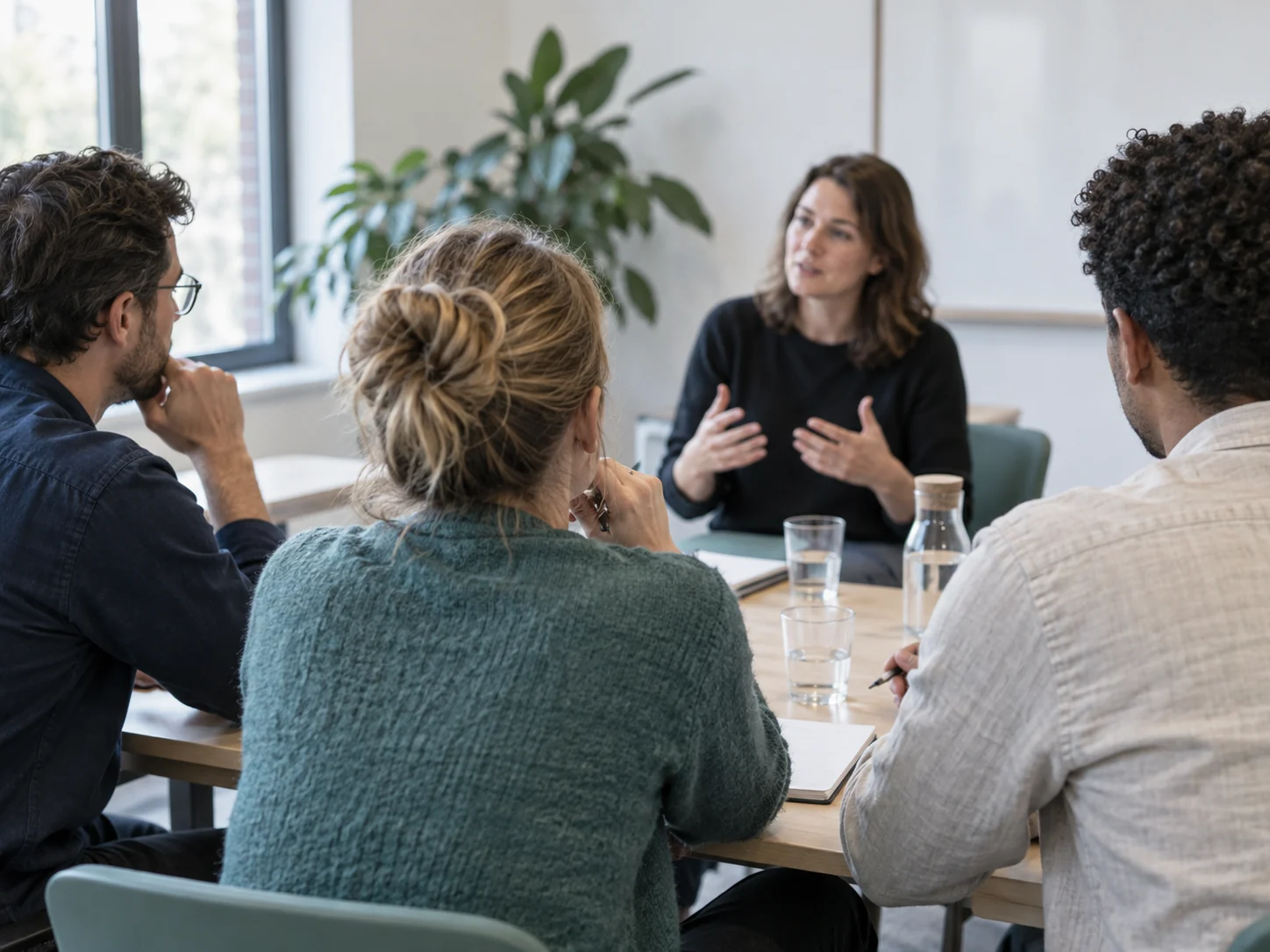 Adviseur in gesprek met een team tijdens een werksessie